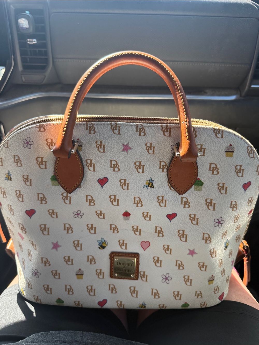 Dooney & Bourke Cream Logo-Print Satchel with Brown Trim